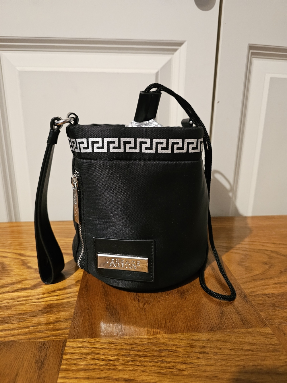 Versace Black Crossbody Bucket Bag with Greek Key Accent